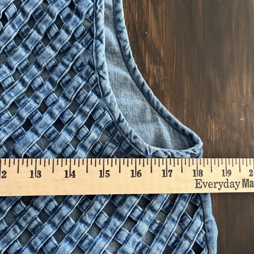 Vintage Woven Lattice Denim Vest Wood Toggle Button Boho Cowgirl Cottagecore M - Picture 13 of 13